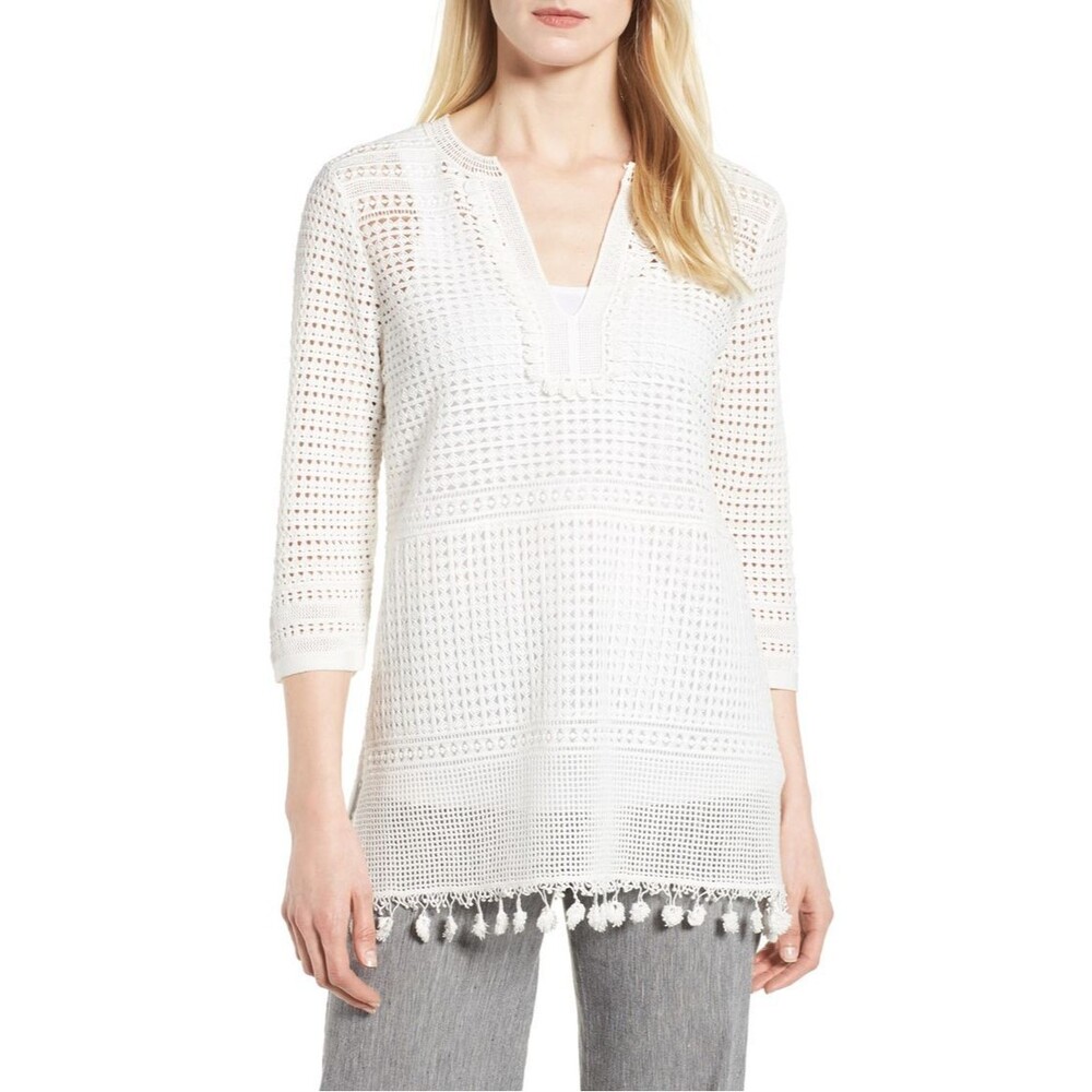 NIC+ZOE Cotton Tunic Top Sweater Crochet Sleeve Tasseled Medium VEUC